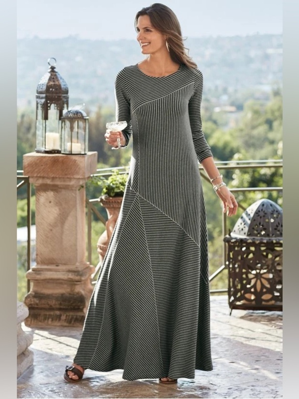 āØSoft Surroundings Ryley Maxi Dress Ribbed Knit Striped Gray Black Size TM
